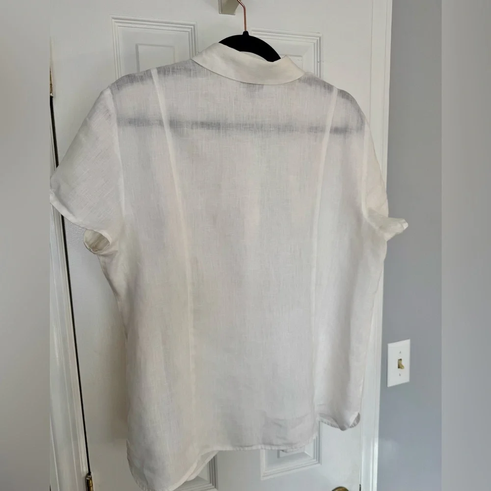 J.Jill 100% Linen Collared Button Down Cinched Short Sleeve White Top Size Large - Picture 6 of 11
